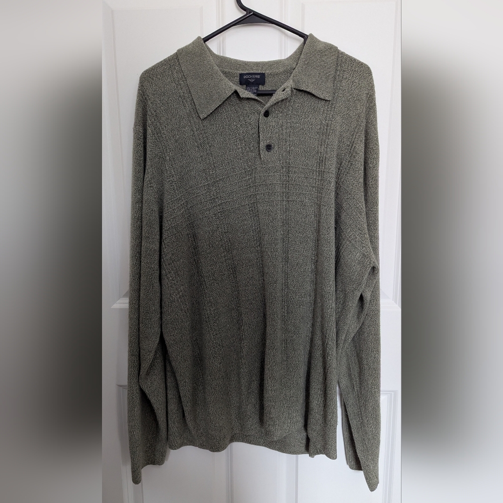 Green Textured Long Sleeve Polo Shirt